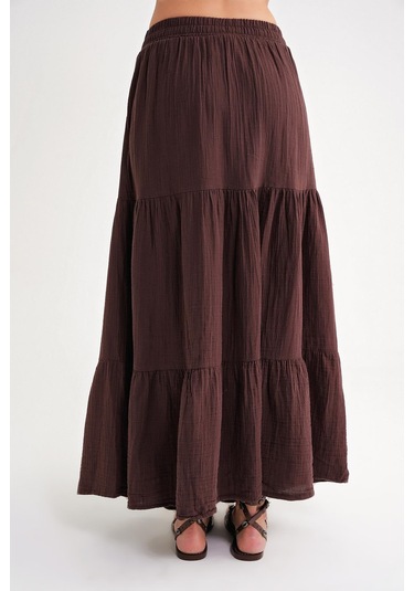 4567 Kadın Fırfırlı Uzun Müslin Etek Kahve Kahve