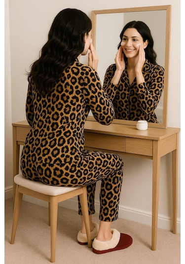 Kadın 6443 Süet Düğmeli Uzun Kol Pijama Takımı Leopar LEOPAR