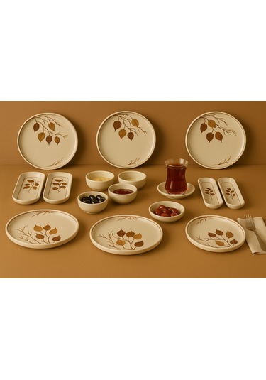 Seramık 6 Kısılık Sonbahar 14 Parca Seramık Kahvaltı Takımı Beyaz