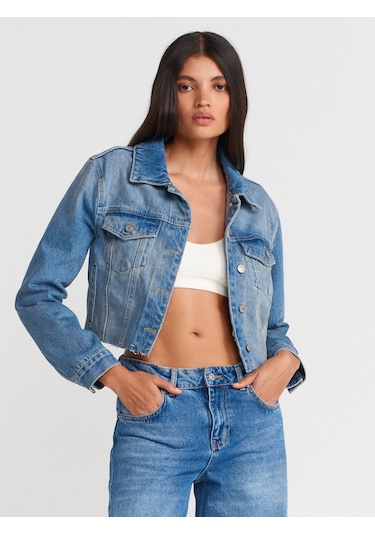 Dilvin 65366 Fleto Cepli Crop Denim Ceket-mavi Mavi