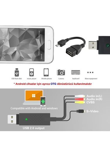 Rca Composit Video Dvr+Otg Micro Usb Kablo Kamera Uydu Kayıt Kart