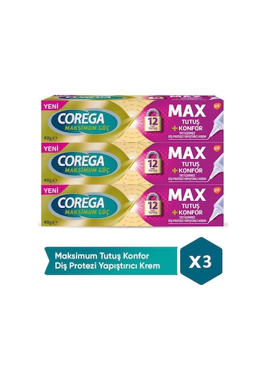 Corega Max Tutuş + Konfor Diş Protezi Yapıştırıcı Krem 3 x 40 G