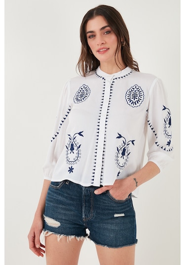 Lela Nakış Işlemeli Truvakar Kol Hakim Yaka Pamuklu Şile Bezi Bayan Gömlek 611Bz0044 Beyaz-Indigo