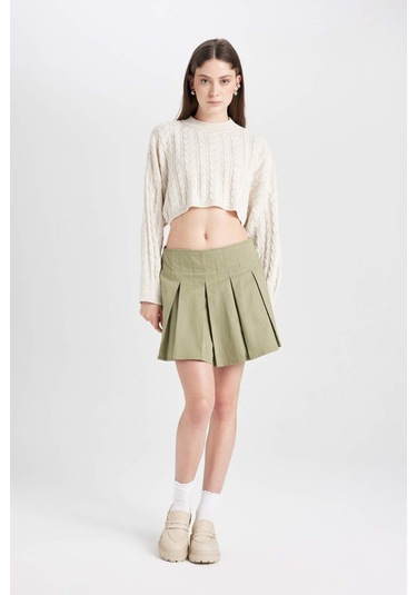 Defacto Coool Piliseli Normal Bel Basic Düz Gabardin Mini Etek D5265AX24AUKH461 Haki