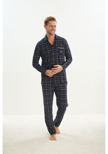 Erkek Uzun Kol Gömlek Yaka Önden Düğmeli Lacivert Pijama Takım C5t3n5o9 001