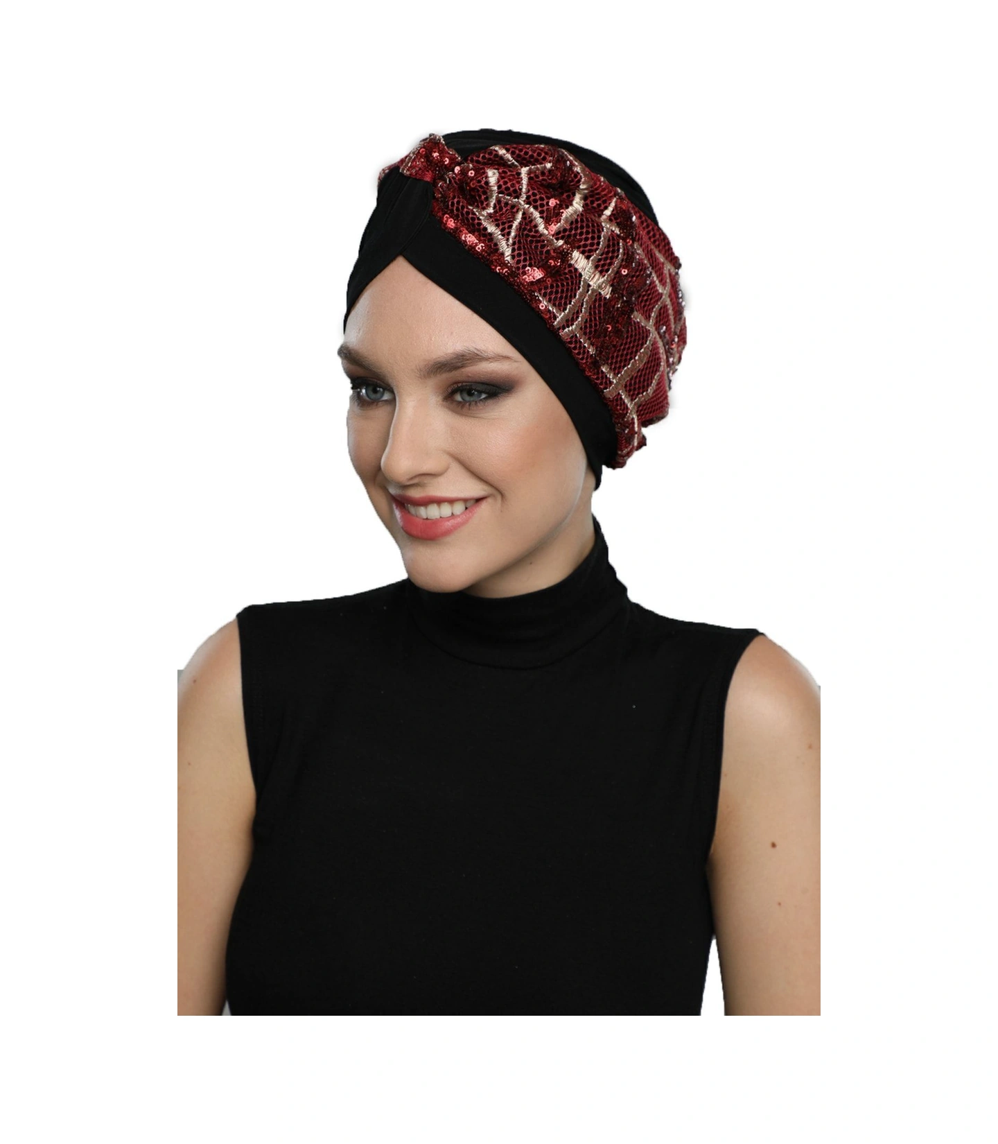 Özel Tasarım Siyah Bej-bordo Pullu Fileli Etnik Desenli Astarlı Hazır Türban Tesettür Abiye Bone Siyah22