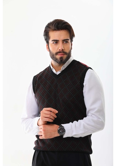 Pelikan Erkek V Yaka Desenli Süveter 9614 Bordo