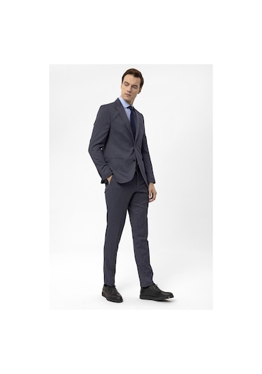 Lacivert Slim Fit Armürlü Sivri Yaka 6 Drop Klasik Takım Elbise-35496 Lacivert