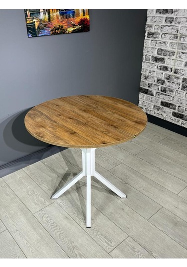Saray Ceviz Beyaz Yuvarlak Mutfak Masası Yemek Masası Balkon Masası Metal Beyaz Ayak 80 Cm