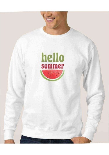 Hello Summer Baskılı Beyaz Erkek Örme Sweatshirt