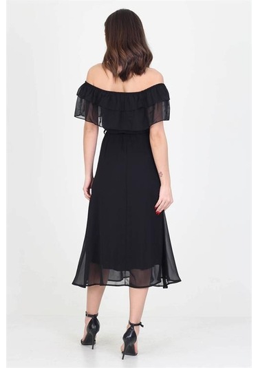 Neşeli Butik Kadın Yeni Sezon Madonna Yaka Bağlama Detaylı Şifon Elbise Ry8060 Siyah