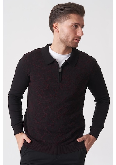 White Stone Porto Alegre 2024-32 Slim Fit Fermuarlı Pamuklu Venezia Triko Siyah-bordo Siyah/bordo Siyah - Bordo