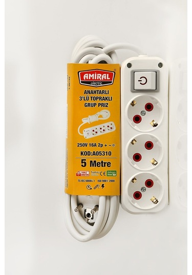 Amiral 3' Lü Topraklı Anahtarlı 5 Metre Kablolu Grup Priz Diğer