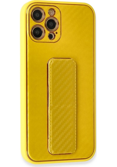 Newface Apple iPhone Uyumlu 12 Pro Max Kılıf Coco Karbon Standlı Kapak Glblseme - 79 - Sarı