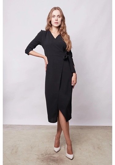 Kadın Likralı Krep Kumaş Kruvaze Capri Truvakar Kol Diz Altı Elbise-siyah Siyah