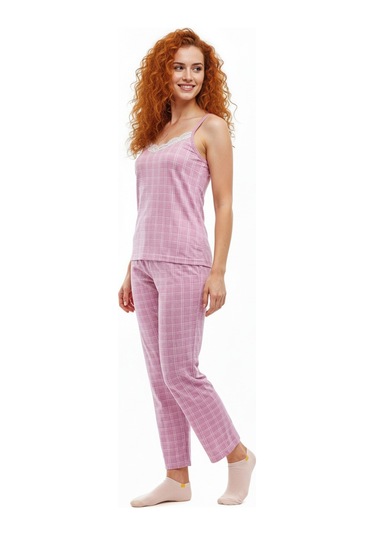 Altı Uzun Üstü Askılı Yumuşak Ekoseli Pijama Takımı Pembe Pembe