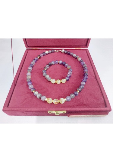 Doğal Ametist Taşı Kolye Ve Bileklik Takımı Mor