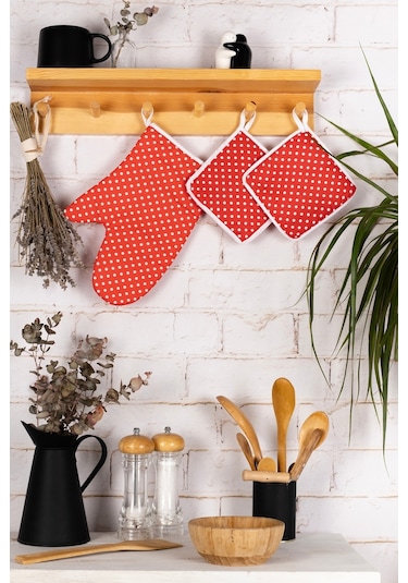 6 Parça Mutfak Seti & Mutfak Önlüğü , Fırın Eldiveni , 2li Tutacak , Organizer Poşetlik , Demlematikkırmızı Puantiye