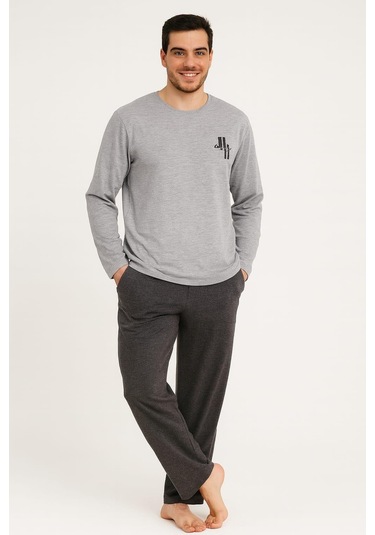 Erkek 6150 Uzun Kol % 100 Pamuk Pijama Takımı Gri Gri