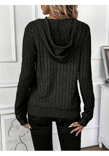 Sensuelle Kadın Uzun Kollu Kapşonlu Bağcıklı Şardonlu Kaşkorse Bluz Siyah