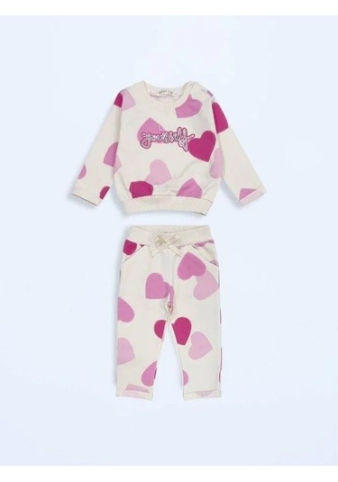Kız Çocuk Pamuklu Kalp Desenli Eşofman Takım-15498 Çok Renkli