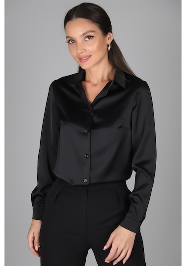 Sweetness Kadın Siyah Saten Gömlek Siyah