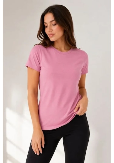 Defymoda Basic Tişört Bisiklet Yaka Kısa Kol Günlük Yazlık Slim Fit T-shirt - Pembe