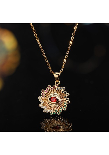 Takı: Titanyum Çelik Köprücük Kimi Zinciri, Renkli Zirkon Taşlı Göz Pandantif, Şeytan Gözü Kolye Altın - Mavi