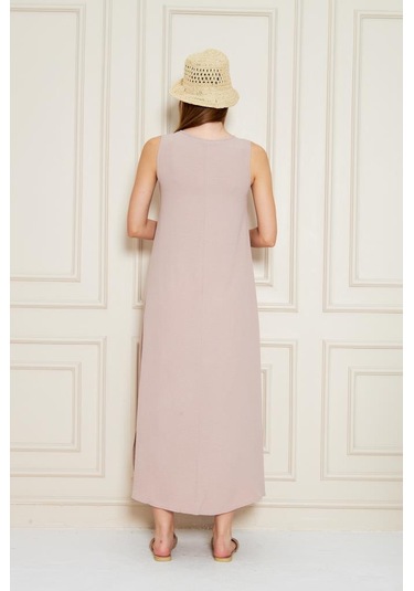 Kadın Sıfır Kol Aerobin Kumaş A Kesim Yırtmaçlı Maxi Yazlık Elbise 3760330 Pudra