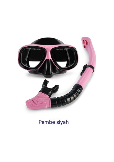 Profesyonel Şnorkel İki Parçalı Silikon Tam Kuru Şnorkel Büyük Çerçeve Sis Geçirmez Dalış Gözlüğü Seti Pembe