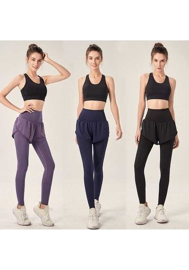 Fastbuy Kadın Siyah Spor Taytı 2'li Esnek Bel Arka Cep Koşu Yoga Elastik Tayt Siyah