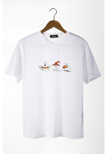 Erkek Beyaz Cadılar Bayramı Baskılı Bisikle Yaka Oversize Rahat Kalıp Basic T-shirt Beyaz