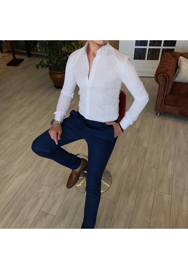 Italyan Stil Slim Fit Dik Yaka Saten Erkek Gömlek Beyaz T4754