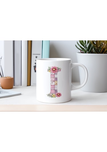 I Harfli Retro Çiçekli Kupa Bardak - Patchwork Tarz Yamalı Desenli İsme Özel Kupa - Hediye 07 Beyaz