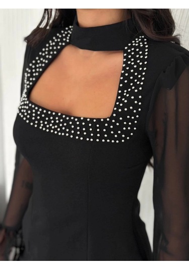 Reka Moda Kolları Şifon Göğüste İnci Boncuk Detaylı Bluz - Siyah Siyah