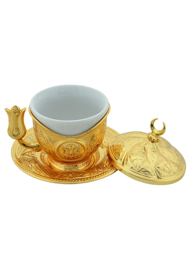 Tiryaki Porselenli 4 Parça Altın Renk Zamak Fincan
