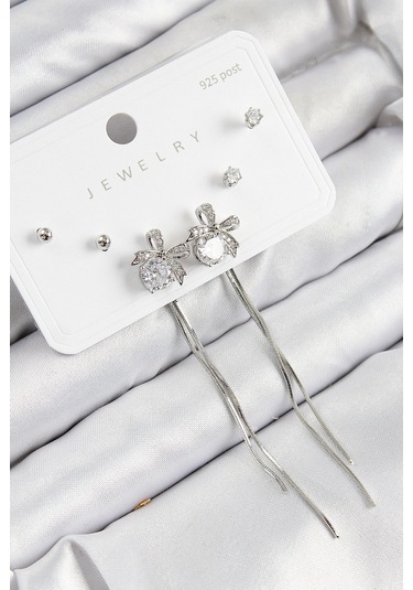 Pirinç Zirkon Taşlı Sallantılı Fiyonk Model Gümüş Renk 925 Ayar Gümüş Çivi Kadın Küpe Set - Tj-bkp11 çok renkli