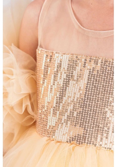 Kız Çocuk Abiye Elbise Ponpon Kol Pul Payetli Tütülü Altın