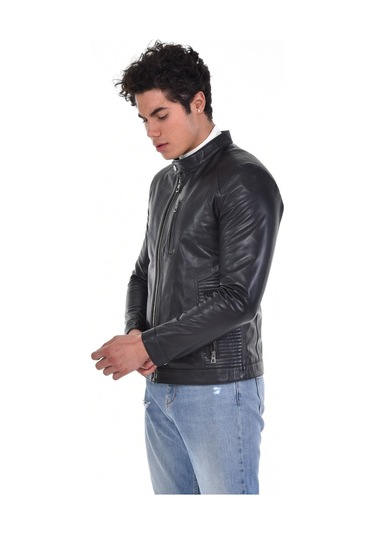 Hakiki Deri Siyah Erkek Deri Mont Hakim Yaka Çift Fermuarlı Üç Cepli Deri Ceket Siyah