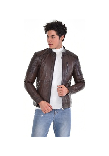 Hakiki Deri Siyah Erkek Deri Mont Hakim Yaka Üç Cepli Fermuarlı Fermuarlı Deri Ceket Kahverengi