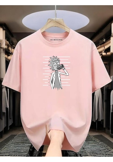 Adam Baskılı Oversize Siyah T-shirt Pembe