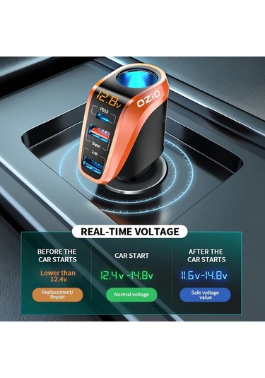 Sones Ozio Dy48tc 188w Type-c + Usb Çift Bağlantı Noktalı Çok Fonksiyonlu Araç Şarj Cihazı, Çakmaklı Turuncu