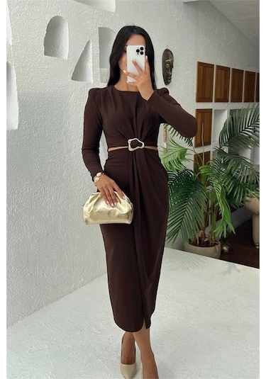 Neşeli Butik Kadın Bel Dekolteli Toka Detaylı Uzun Kollu Elbise Nbmy3655 Kahverengi