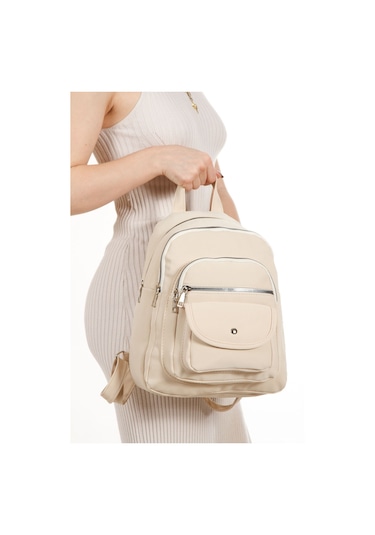 Kadın Günlük Çok Bölmeli Sırt Çantası Krem