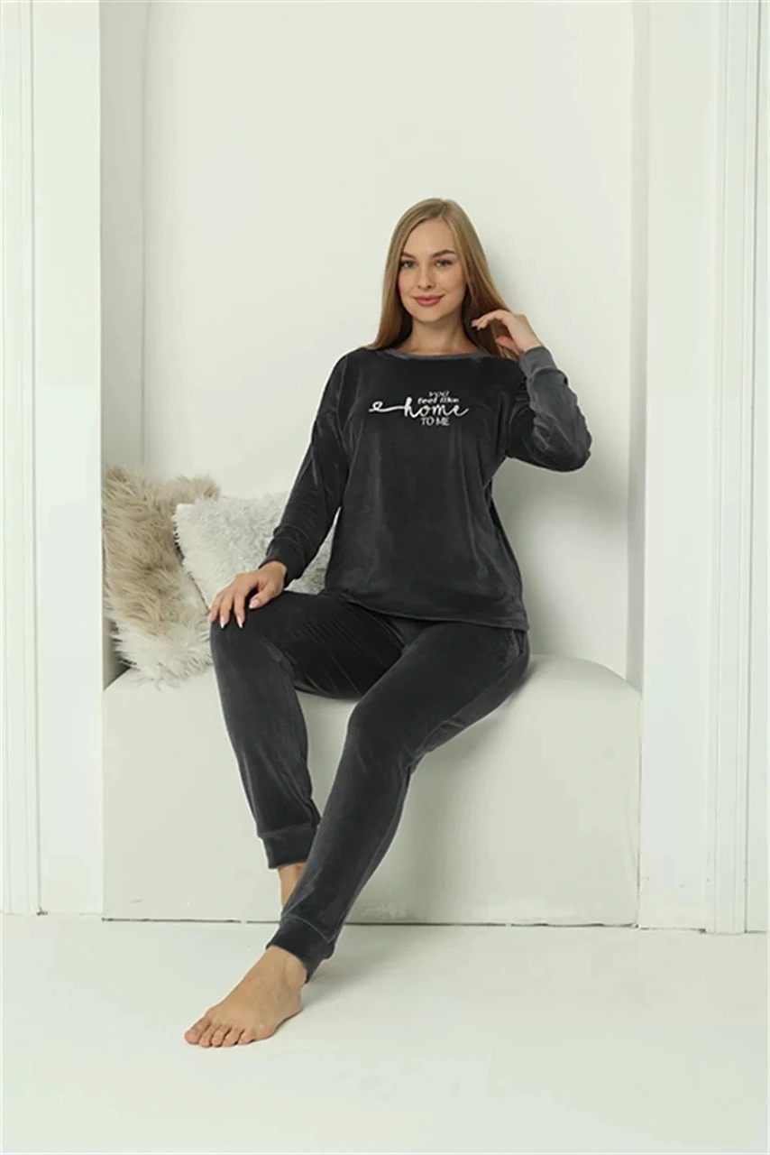 Moda Kadın Kadife Füme Pijama Takım Füme