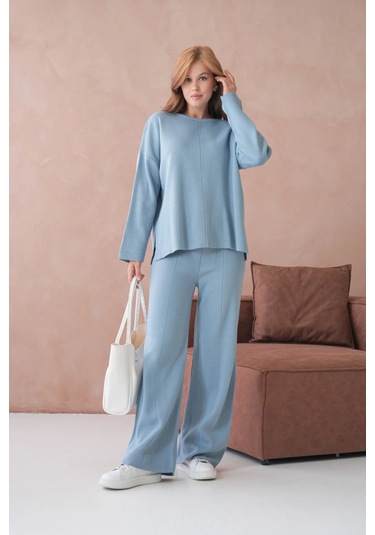 Kadın Bisiklet Yaka Düşük Kol Kazak Pantolon İkili Triko Takım Açık Mavi