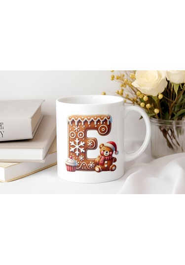 E Kurabiye Harf Ve Ayıcık Detaylı Kupa Bardak - Yeni Yıl / Yılbaşı Temalı Tasarım - Noel Hediye Beyaz