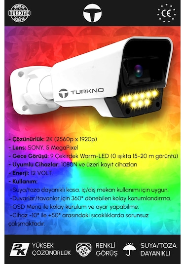 Turkno 3 Kameralı Supia 3 Dış Kamera Set 2 TB 5 MP 2K Net Renkli Gece Görüşlü Güvenlik Kamerası Sistemi