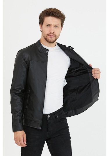 Erkek Siyah Yeni Sezon Dar Kesim Deri Ceket Mont-Siyah