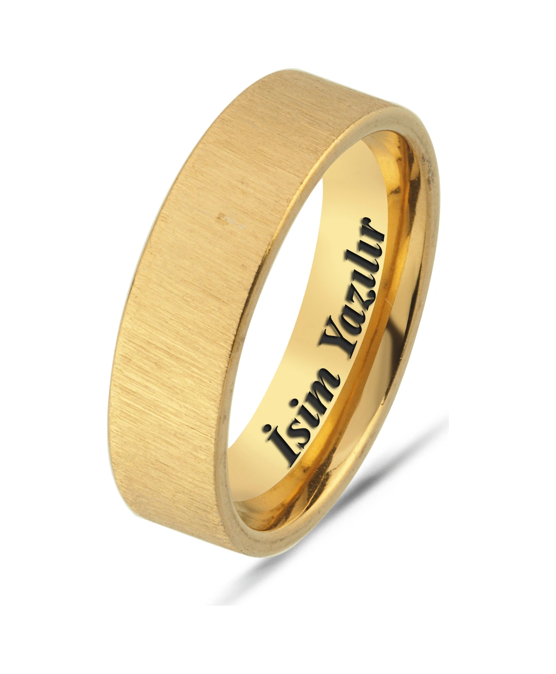 Kişiye Özel İsim Tarih Yazılı 6mm Mat Fırçalanmış Düz Unisex Çelik Yüzük Alyans Cl46y Sarı